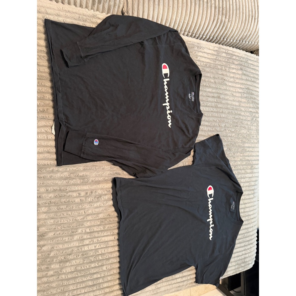 Champion Mens Bundle‎ 2 Black Script Logo T-Shirts Long Sleeve Short Sleeve L